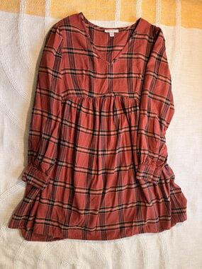 Knox Rose Cotton Warm Orange and Black Plaid Long Sleeve Dress